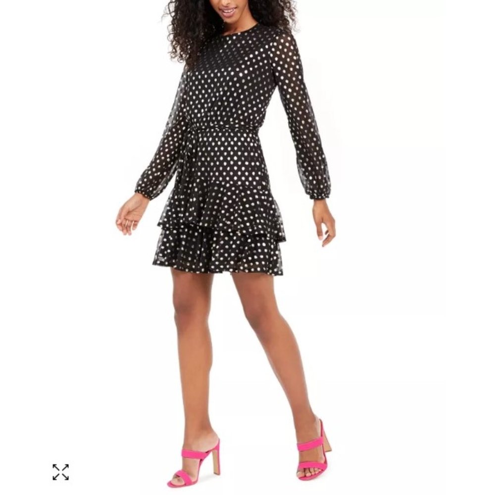 Black & Gold Dot Belted Ruffle Long Sleeve Dress XXL